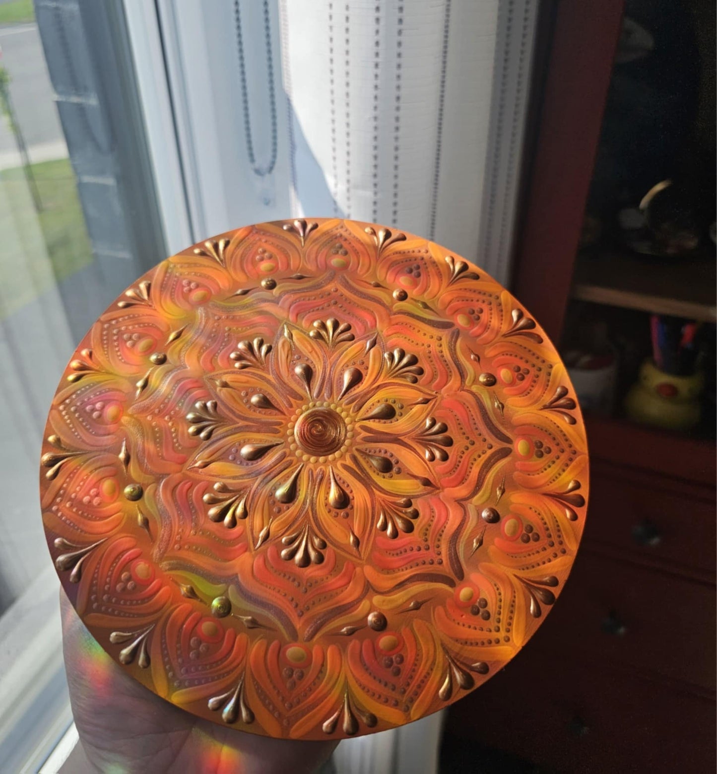 8 inch orange mandala on base